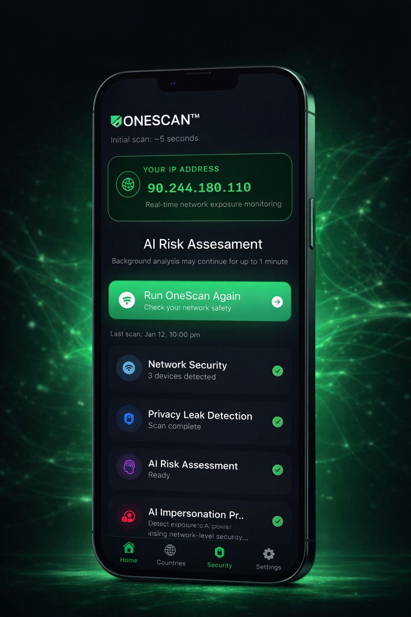 Cybershield OneScan security scan results shown on iPhone